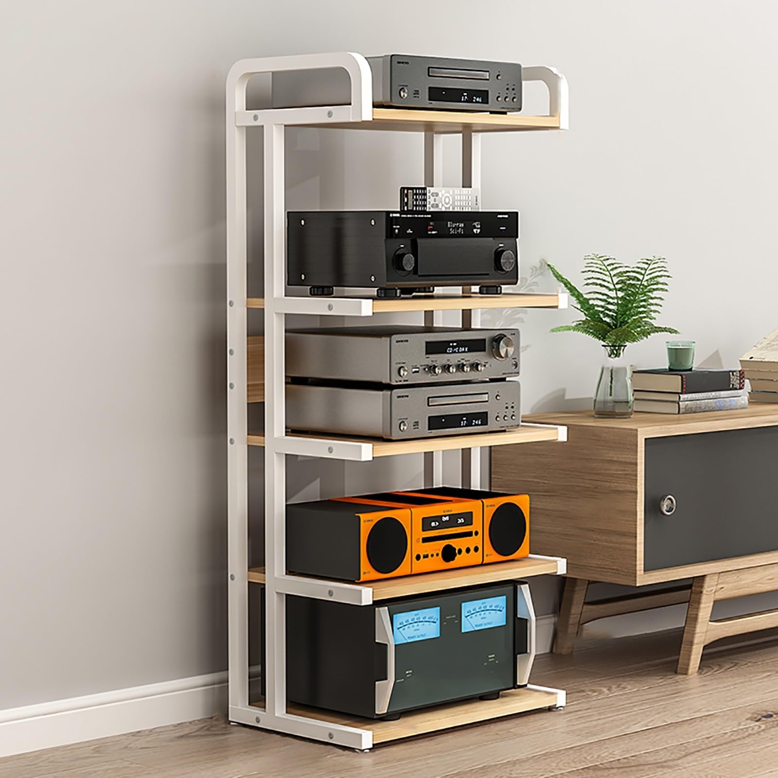 Floor-Standing Audio Rack with Storage Shelves - Stereo Speaker Display Stand on Universal Wheels Easy Assembly for Living Room Gaming and Recording Studio - Original Wood Finish (50x40x14)