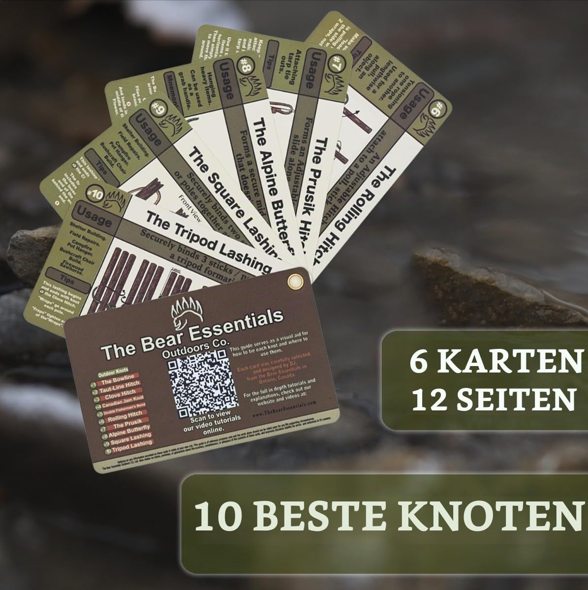 The Bear Essentials Knotenbindungsset – Beste Camping-Knoten-Edition – wasserdichte Knotenkarten, Übungsseile, in unserer Aluminiumdose