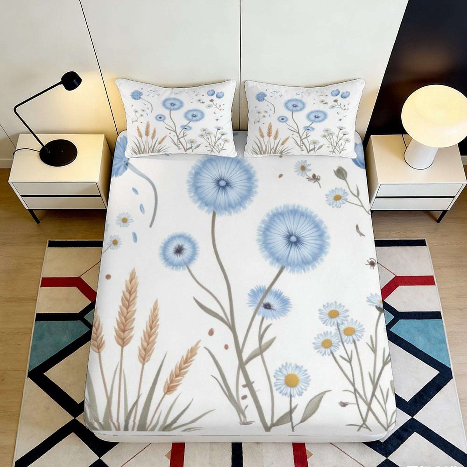 3D Printed Dandelion Meadow Fitted Sheet Microfiber Soft Blue Botanical Bed Cover for Bedroom Guest Room Home Decor 90x200x25cm