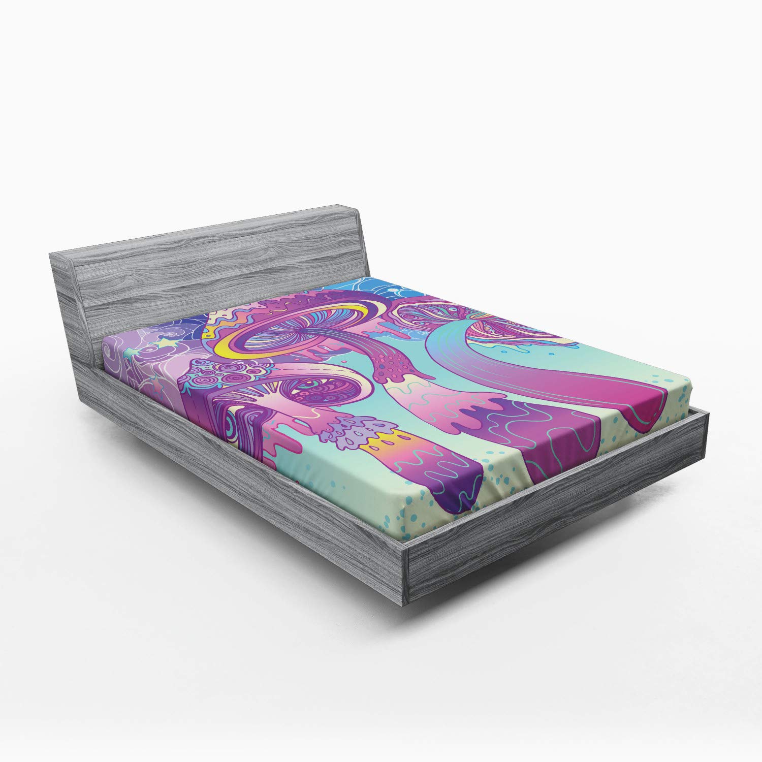 Ambesonne Crazy Art Fitted Sheet, Interpretation of Cartoon Magic Mushrooms in a Modern Style Vivid Trippy Design, Soft Decorative Fabric Bedding All-Round Elastic Pocket, Queen Size, Purple Teal