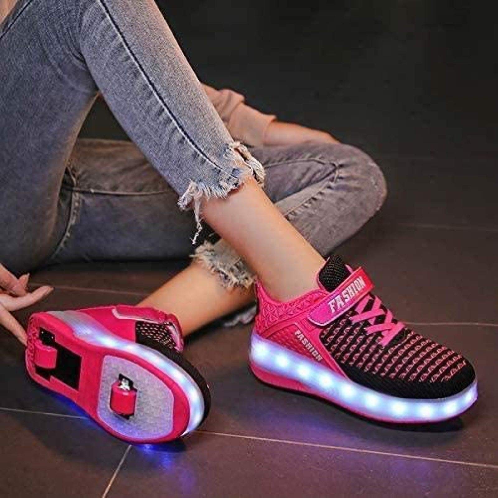 Zapatillas De Skate LED con Ruedas Dobles Zapatillas De Skate Zapatillas con Ruedas LED Niños Niños Niñas Gimnasia Al Aire Libre Zapatillas De Moda Técnica,Pink-28 EU
