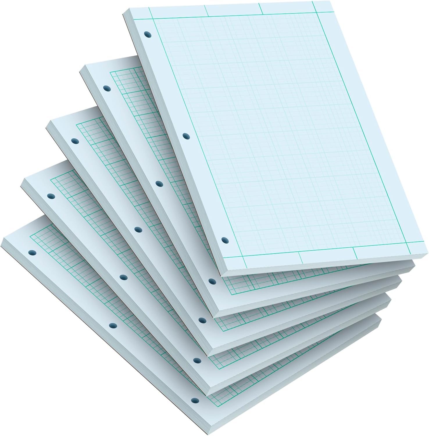 5 Pcs Engineering Paper Notebook,500 sheets Green Tint Paper,5 x 5 Graph Rule on Back,8.5 x 11 3-Hole Punched Engineering Computation Pad