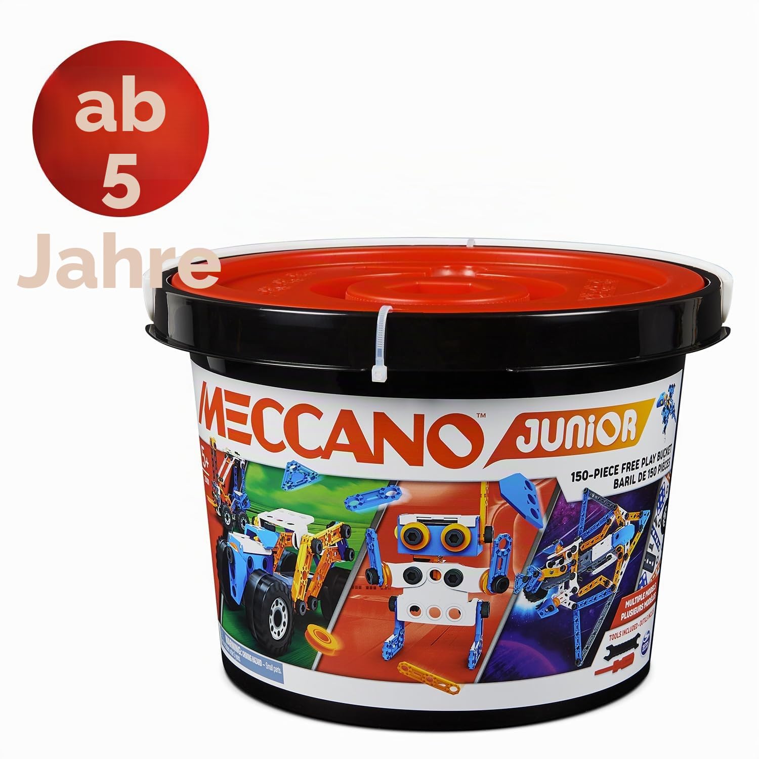 BANDAI - Meccano Junior Fass 150 Teile - Konstruktionsset 5 Modelle, 2 Werkzeuge, Anleitung, Aufbewahrungseimer - Aktivitäts-Kit Zusammenbau Spielzeuge & Fahrzeuge - Spielzeug ab 5 Jahren - APM19103