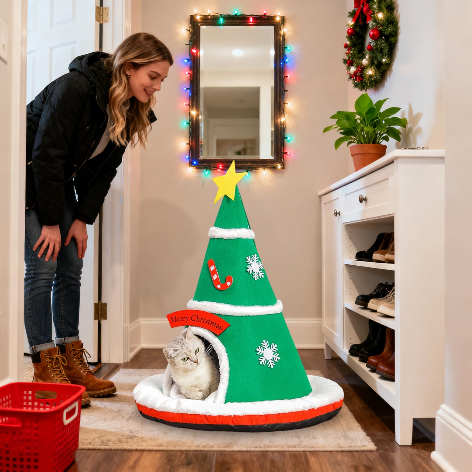 Cuccia Gatti Chiusa Caldo Albero Di Natale Fondo Antiscivolo Per Animali | Grande Cuccia Per Gatti E Cuccioli Per Cani Piccoli Interno Decorazione Casa Camera Soggiorno Inverno Appartamento
