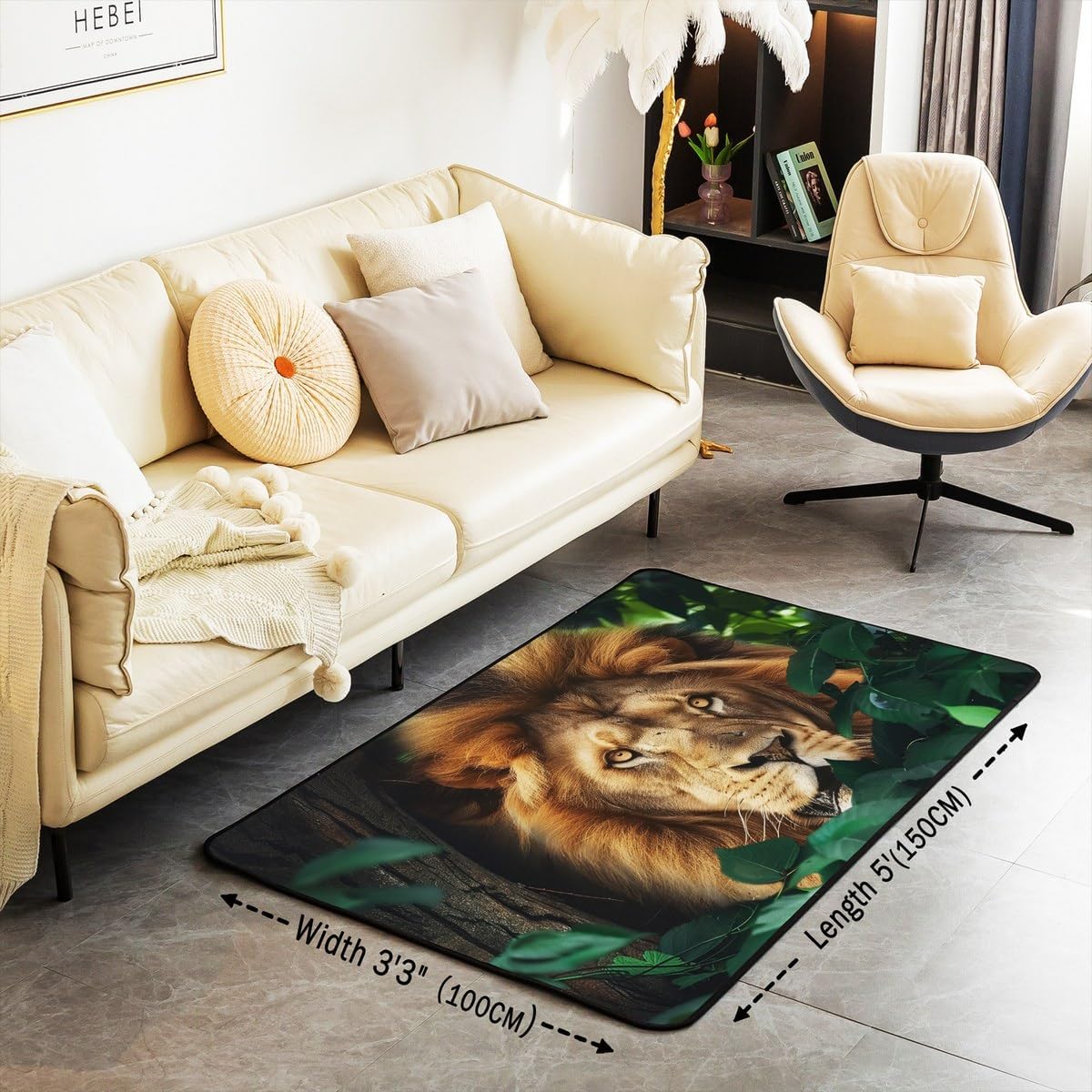 Erosebridal Boys Lion Carpet 3x5 for Adults Men,Wild Brown Lion Area Rug,Safari Animal Indoor Floor Mat,Jungle Tree Branch Decorative Rug for Bedroom Living Room,Non Shedding