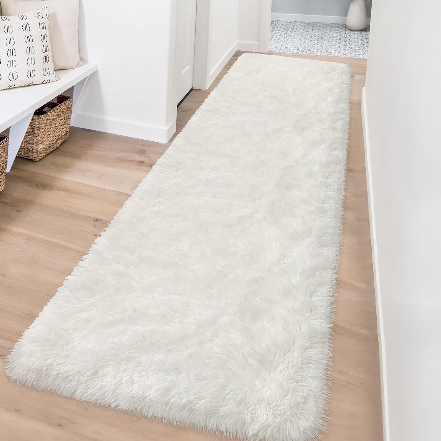 White Fluffy Runner Rugs for Bedroom Living Room Soft Shag Rug 2x8 Feet Plush Carpet Non Slip for Nursery Dorm, Fuzzy Bedside Rug Hallway for Kids Boys Girls Room Home Decor