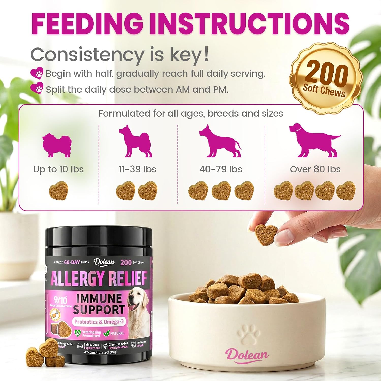 Dog Allergy Chews, Dog Allergy Relief for Itching Skin, Paw Licking, Yeast Relief, Hot Spots, Itchy Ears & Seasonal Allergies, Immune Support– with Colostrum, Probiotics – Chicken Flavor (200ct)