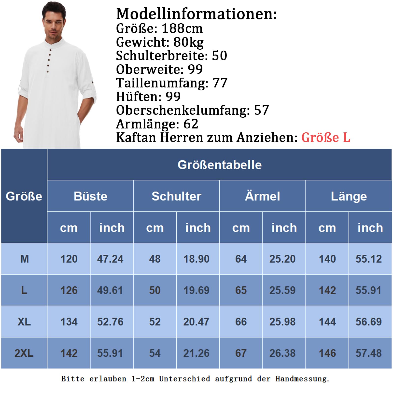 Herren Kaftan Langarm Freizeit Thobe Männer Lang mit Taschen Weiß L