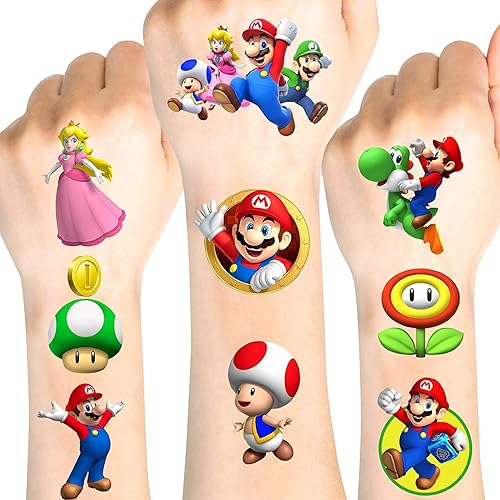 Miniatura 1 de Super Mario Bros - Tatuajes temporales con temática de cumpleaños suministros de decoración de dibujos animados 10 hojas juguetes de tatuaje
