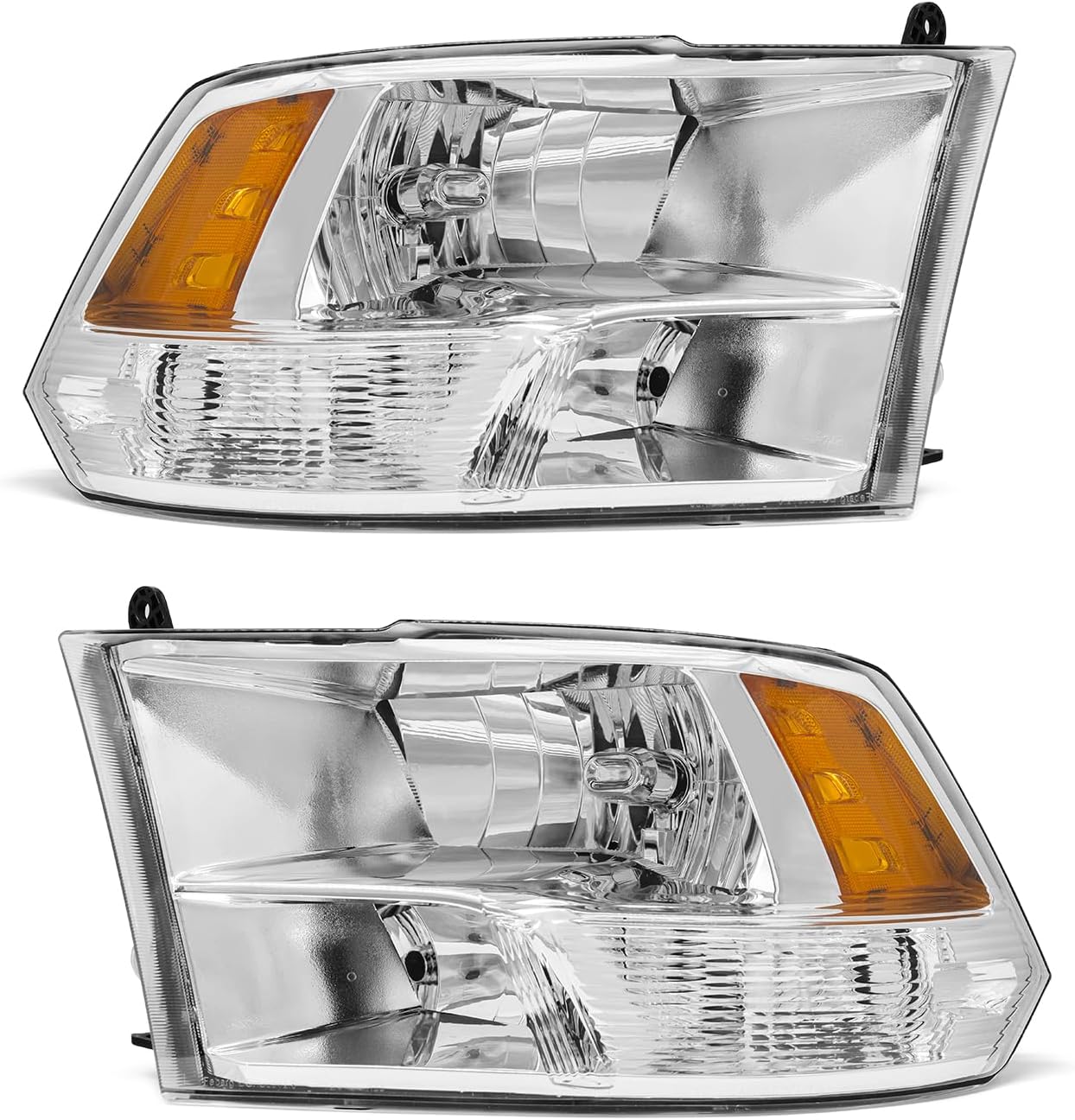 compatible with Dodge 09-18 Ram 1500/10-18 Ram 2500 3500 Headlamp for 2009-2018 Ram Headlight Assembly Chrome Housing Amber Driver and Passenger(Only fit Quad Beam)（W/O Bulbs）