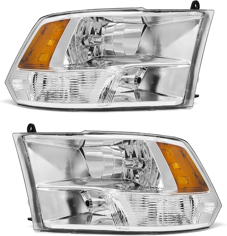 for 2010-2018 Dodge Ram 1500 & Dodge Ram 2500 Halogen Headlight | OE 68001485/68001484, Chrome Housing, IP67, Plug & Play, amber reflector, clear lens