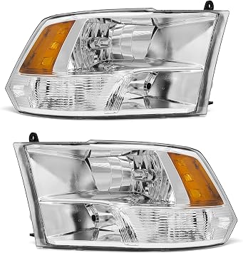 compatible with Dodge 09-18 Ram 1500/10-18 Ram 2500 3500 Headlamp for 2009-2018 Ram Headlight Assembly Chrome Housing Amber Driver and PassengerOnly fit Quad BeamW/O Bulbs