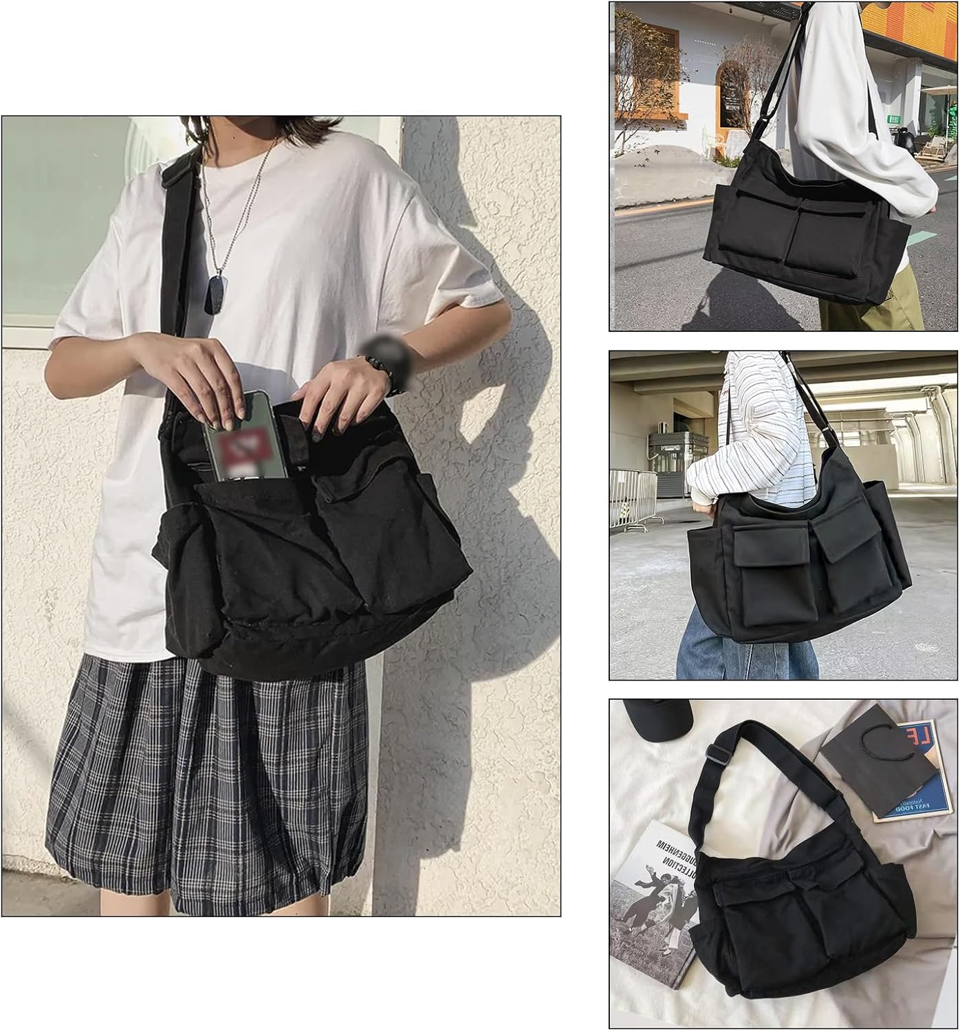 Canvas Messenger Bag, Black Messenger Bag, Canvas Crossbody Bag and Y2k Star Necklace, Messenger Bag for Women Shoulder Laptop Bag