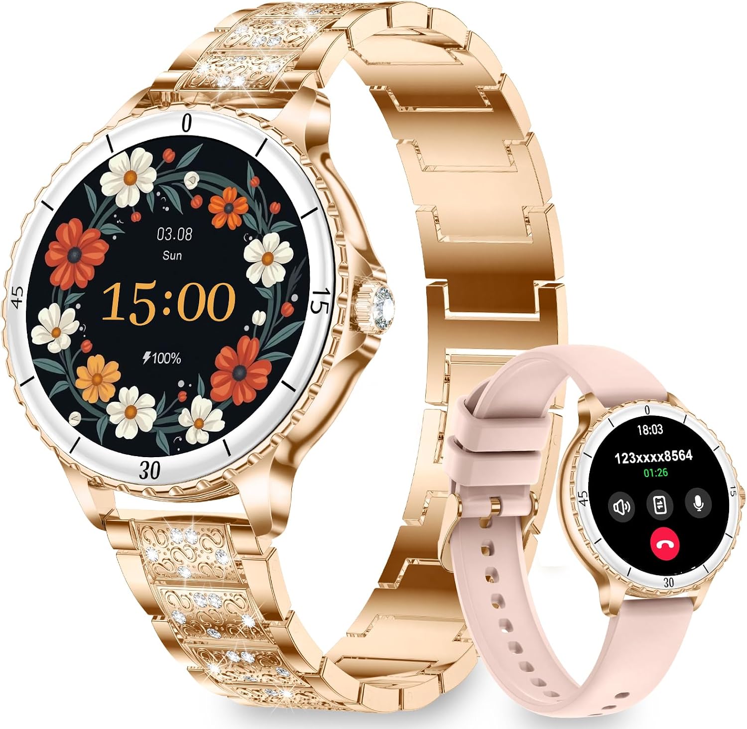 Smart Watches for Women(Answer/Make Call) with Diamond, 1.27″ HD Bluetooth Smartwatch for Android iOS Phones, IP68 Fitness Tracker with Heart Rate SpO2 Sleep Monitor, 120+ Sport, Rosegold