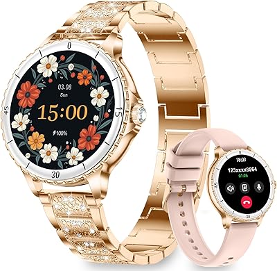 Smartwatch Damen mit Telefonfunktion, 1.27″ Smart Watch Rund mit Diamantband für Android iOS, IP68 Wasserdicht Fitnessuhr mit 120+Sportmodi, Fitness Tracker mit HR SpO2 Schlafmonitor, Roségold