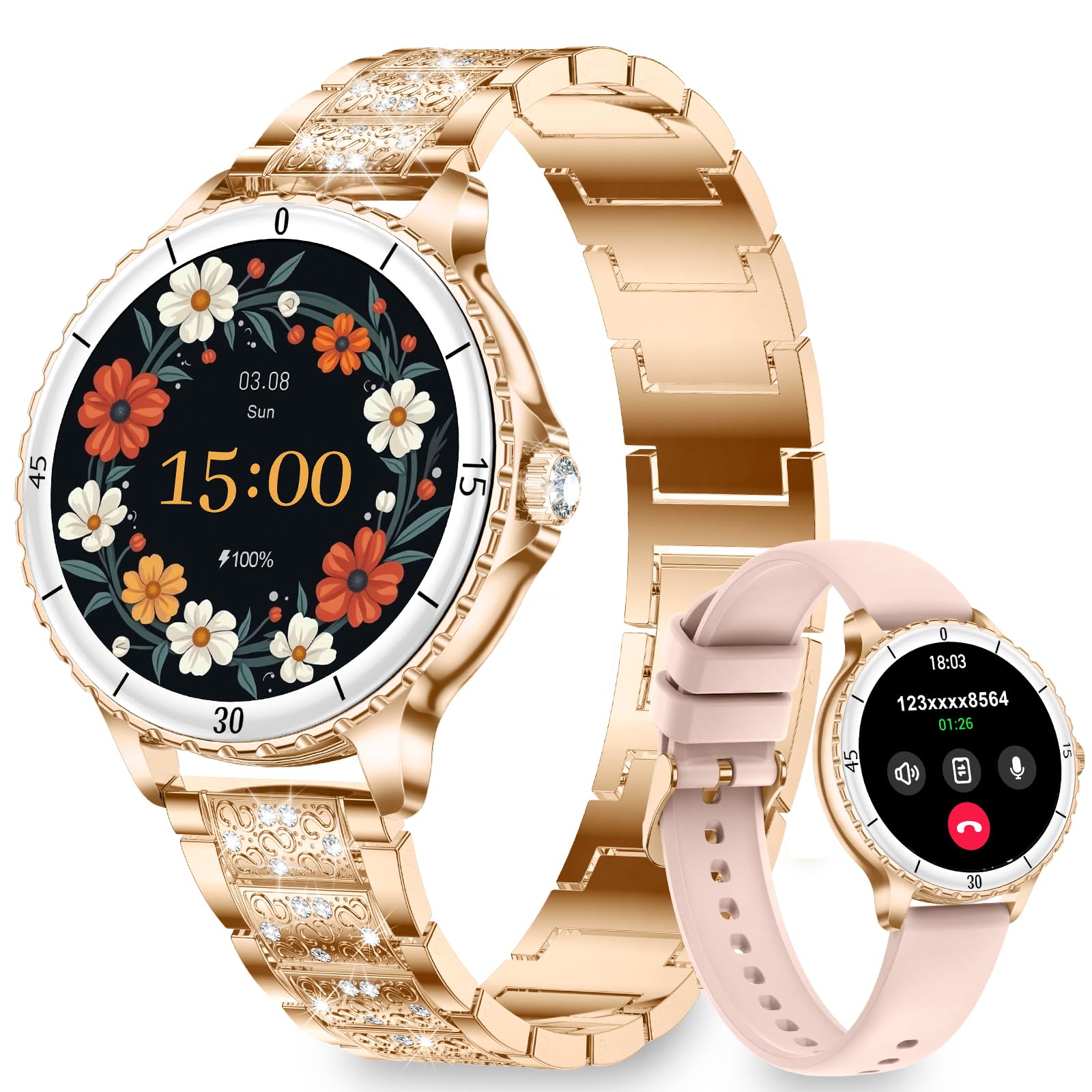 Smartwatch Donna Chiamate Bluetooth, 1.27" Orologio SmartWatch Rotondo con Cinturino di Diamante, Compatibile Android/iOS, IP68 Impermeabile Fitness Trackert con 120+ Sportive, Sonno, SpO2, Oro Rosa
