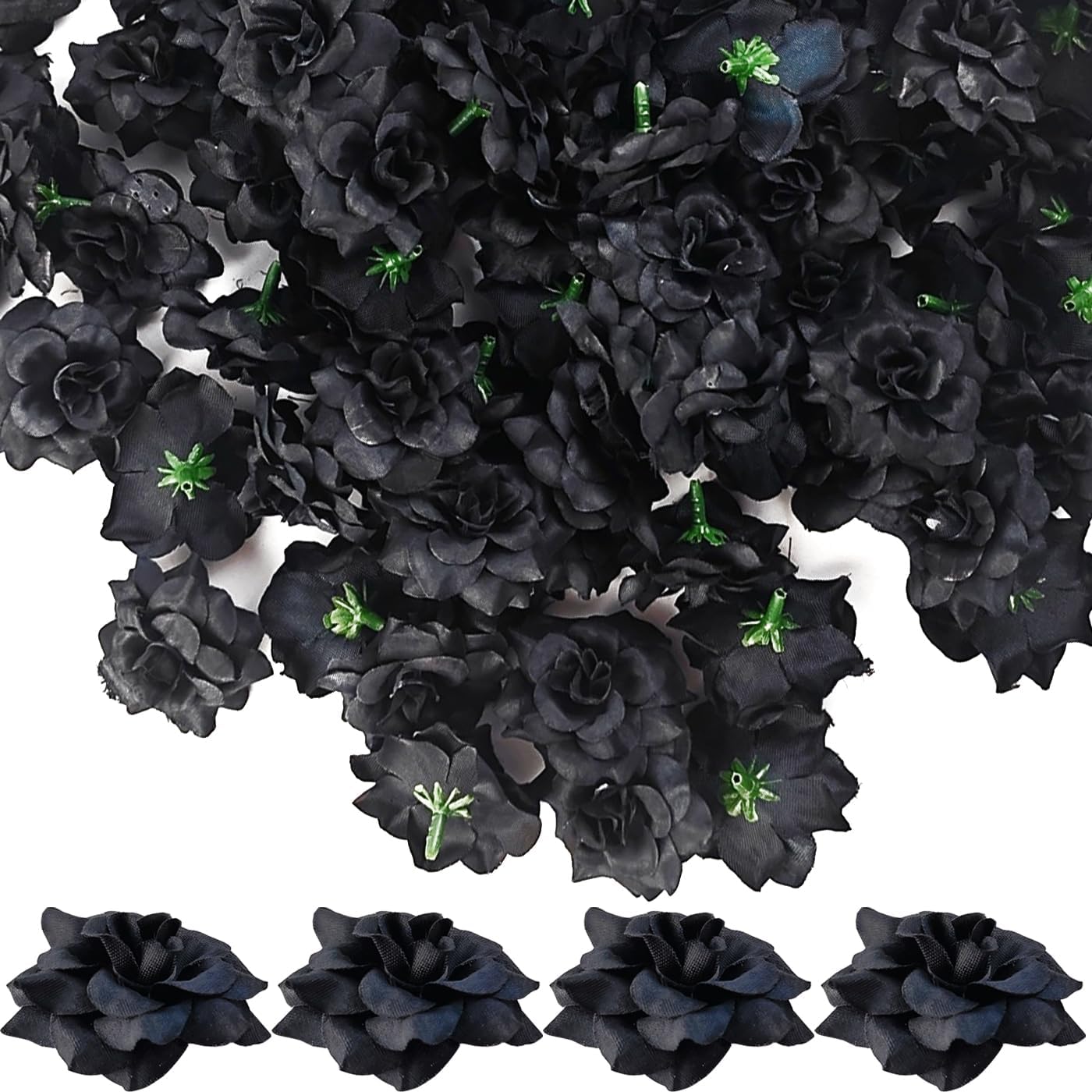 TIHOOD 55PCS Black Mini Roses Artificial Flowers Bulk, 1.77 Inch Small Silk Fake Roses Flower Heads for Decoration, Crafts, Wedding Halloween Party Home Decor