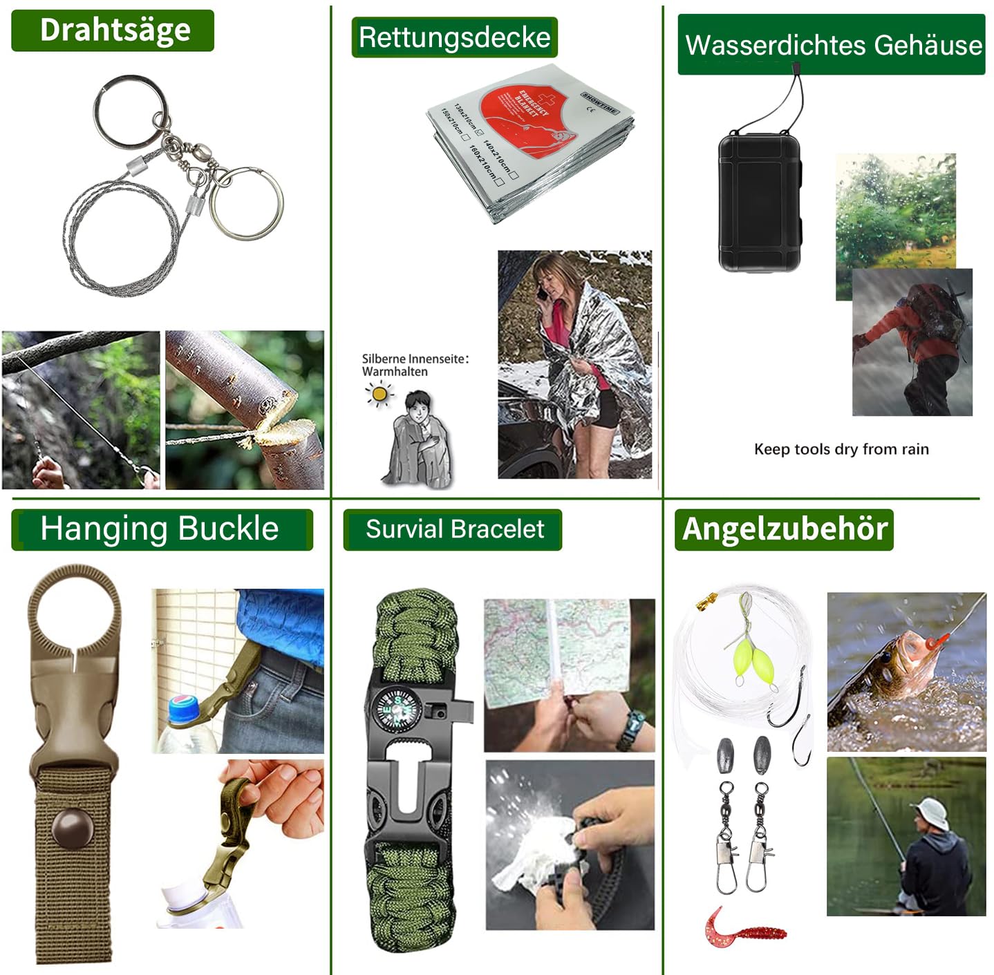Survival Kit, Outdoor Erste-Hilfe-Set mit Klappmesser, Kompass, Angeln Zubehör für Camping, Bushcraft, Wandern, Bergsteigen, Schwarz