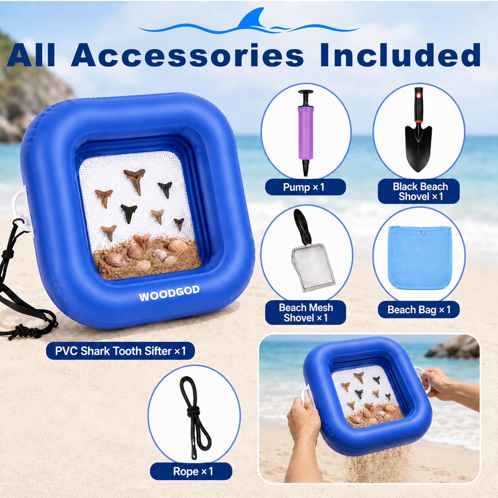 Juego de tamiz de dientes de tiburón extra grande, incluye pala negra, bolsa de playa, pala de malla de playa, malla de tamizado doble, tamiz de arena para dientes de tiburón y caza de fósiles