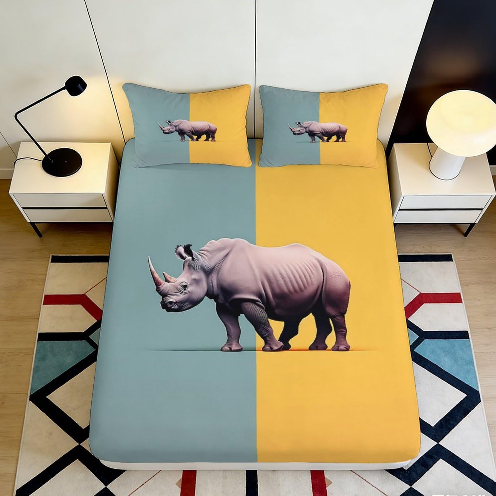 3D Printed Rhino Safari Fitted Sheet Microfiber Yellow Blue Mattress Cover for Bedroom Guest Room Decor 90x200x25cm