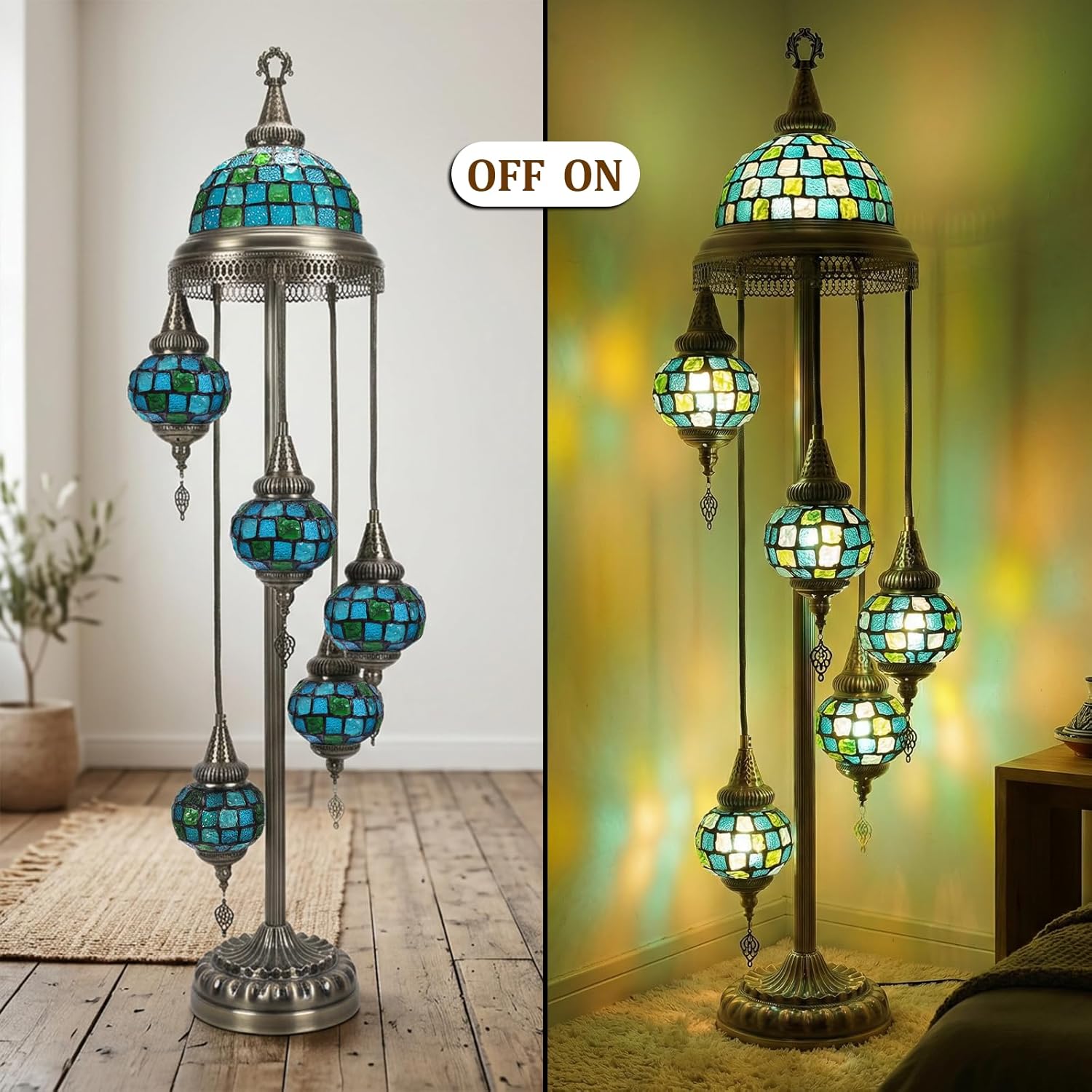 Turkish Floor Lamp 5-Light Dragonfly Blue Tiffany Style Stained Glass Standing Lamp, Vintage Tall Light for Living Room Bedroom Decor, Boho Handmade Art Home Reading Lamps