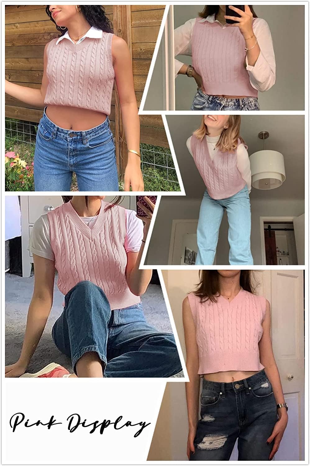 Lailezou Women's V-Neck Knit Sweater Vest Solid Color Argyle Plaid Preppy Style Sleeveless Crop Knit Vest - Image 3