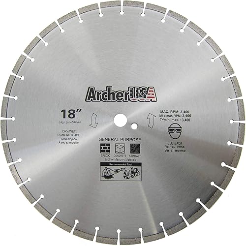Archer Pro 18.0in de ancho de diamante para corte rápido de hormigón, piedra, albañilería, pavimentadoras, ladrillos, bloques