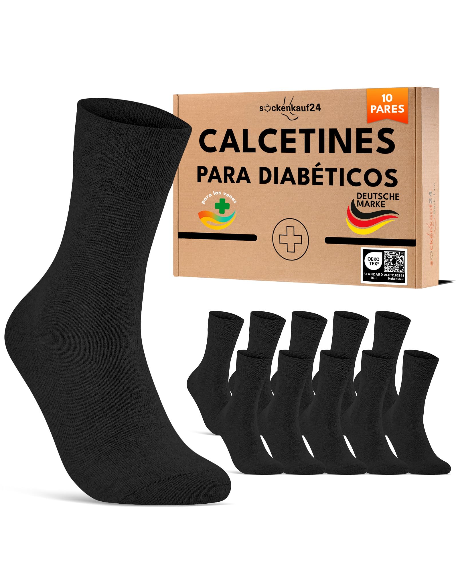 sockenkauf24 10 Pares Calcetines Diabéticos sin Elástico y sin Costuras con Cintura de Confort Hombre Mujer Algodón