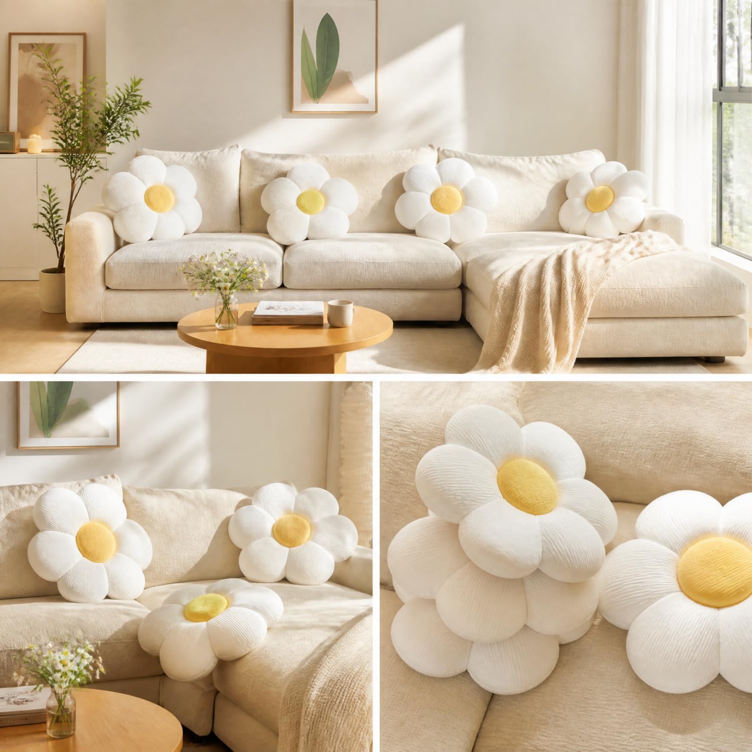 Flower Pillow Cute Daisy Shaped Decorative Throw Pillow Cushion 15.75" White Floor Pillow for Aesthetic Home Decor Seating Cushion for Bed, Sofa, Couch