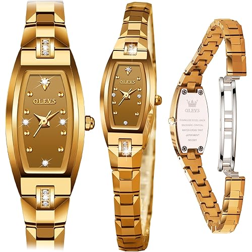 OLEVS Slim Thin Watch for Women, Rose Gold Tungsten Steel Band, Tonneau Design, Square Shape Small Face Diamond Quartz Ladies Watch, 3ATM Waterproof Wristwatch Women for Gift