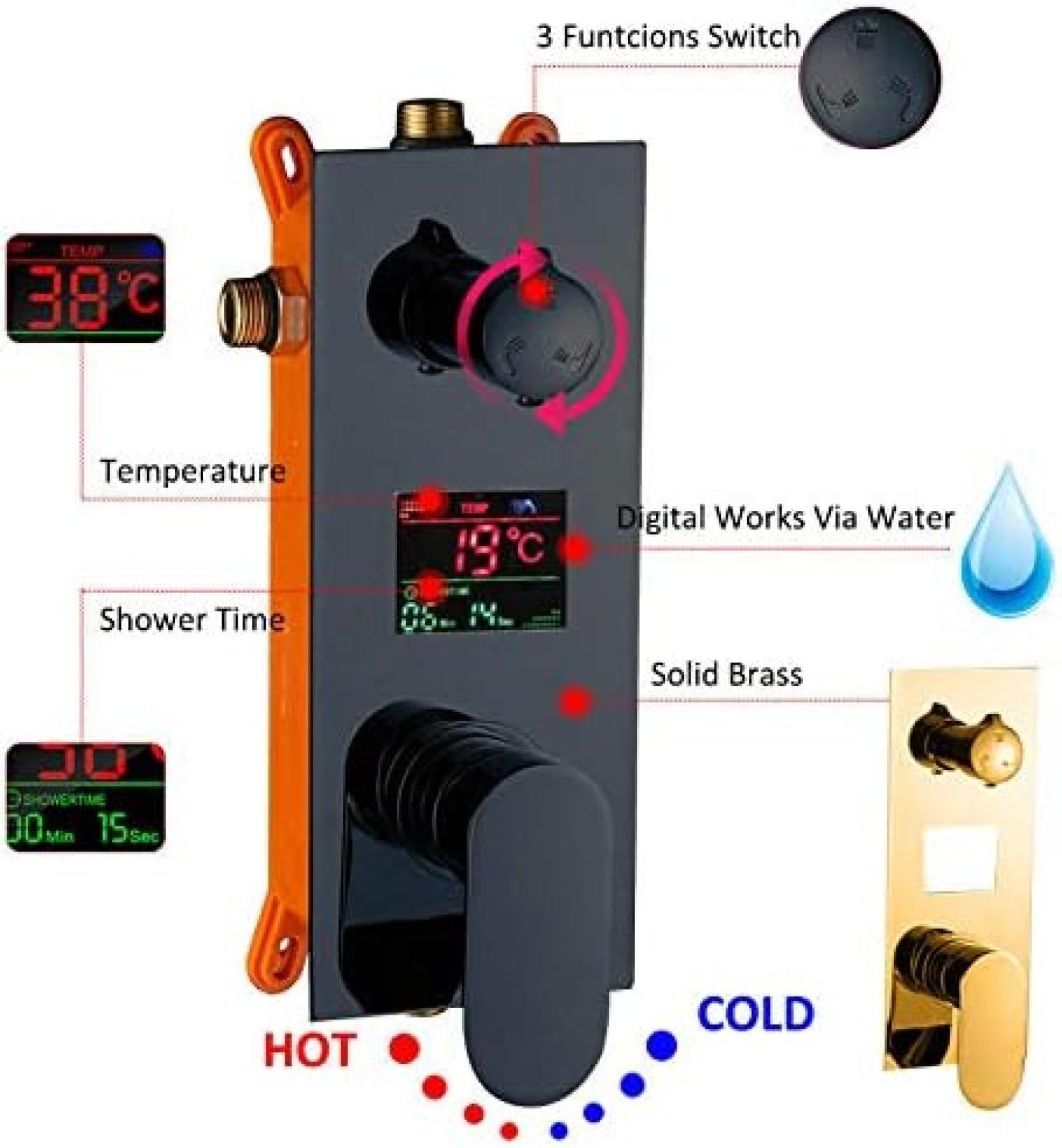 Doccia Digitale Nera a Parete con soffione a Pioggia, Miscelatore con Display Digitale a 3 Vie, beccuccio Girevole per Vasca, Doccia per Bagno, Set Completo da 12 Pollici, Set Comp