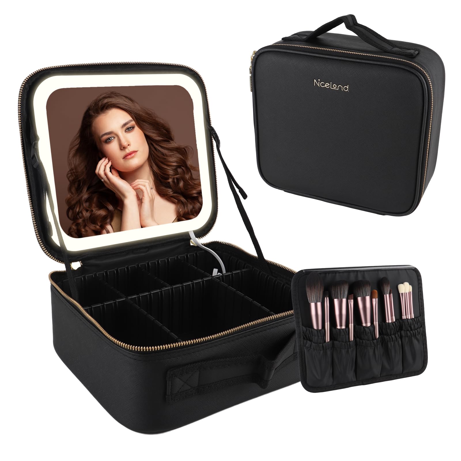 DaizySight Bolsa de maquillaje de viaje con espejo de luz LED, organizador de cosméticos de gran capacidad, estuche de viaje para maquillaje con compartimento ajustable, Black, moda