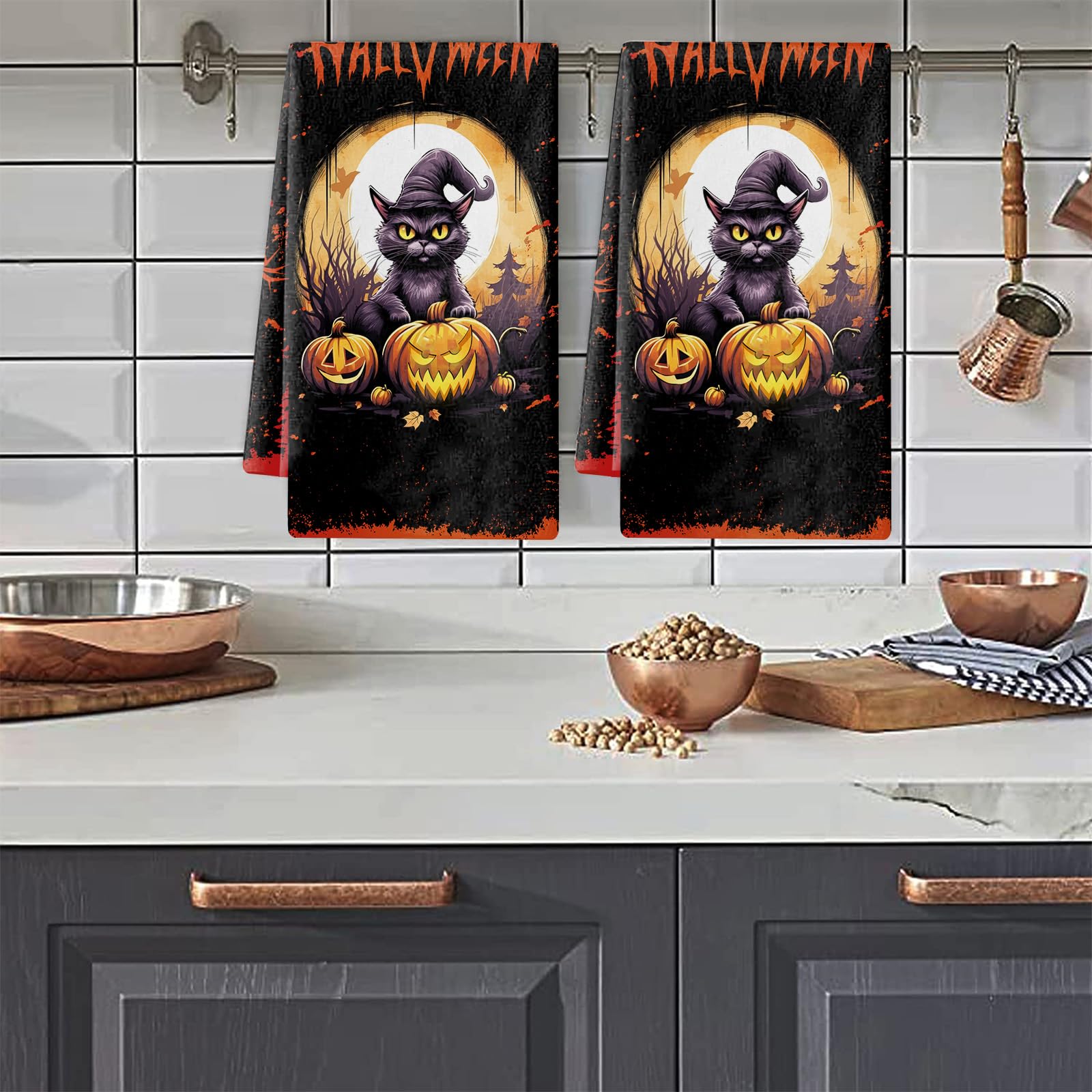 Trapos Cocina Gato Calabaza Negra Paños de Cocina Microfibra Paños Cocina Suaves Lavable Toallas Reutilizables Absorbentes Baño Pañuelo de Mano Trapos de Cocina 2 Piezas (44x74 cm)
