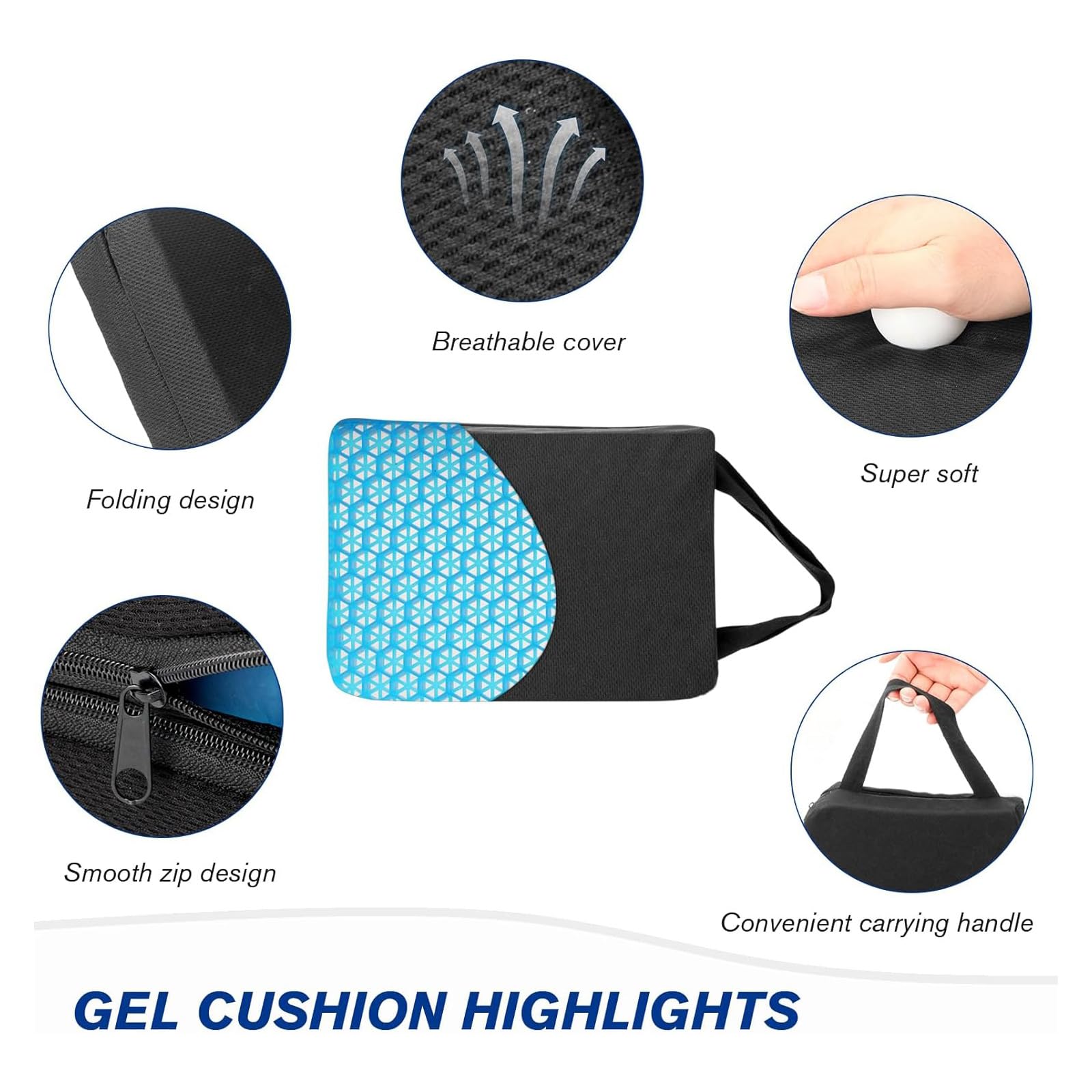 Cojín de Gel Plegable, Cojin Antiescaras 40*30*2.5CM Cojin Silla Oficina Cojin Ergonomico Funda Lavable, Ligero y Transpirable Alivia Cadera Fatiga para Coche, Silla de Aviones, Silla de Ruedas
