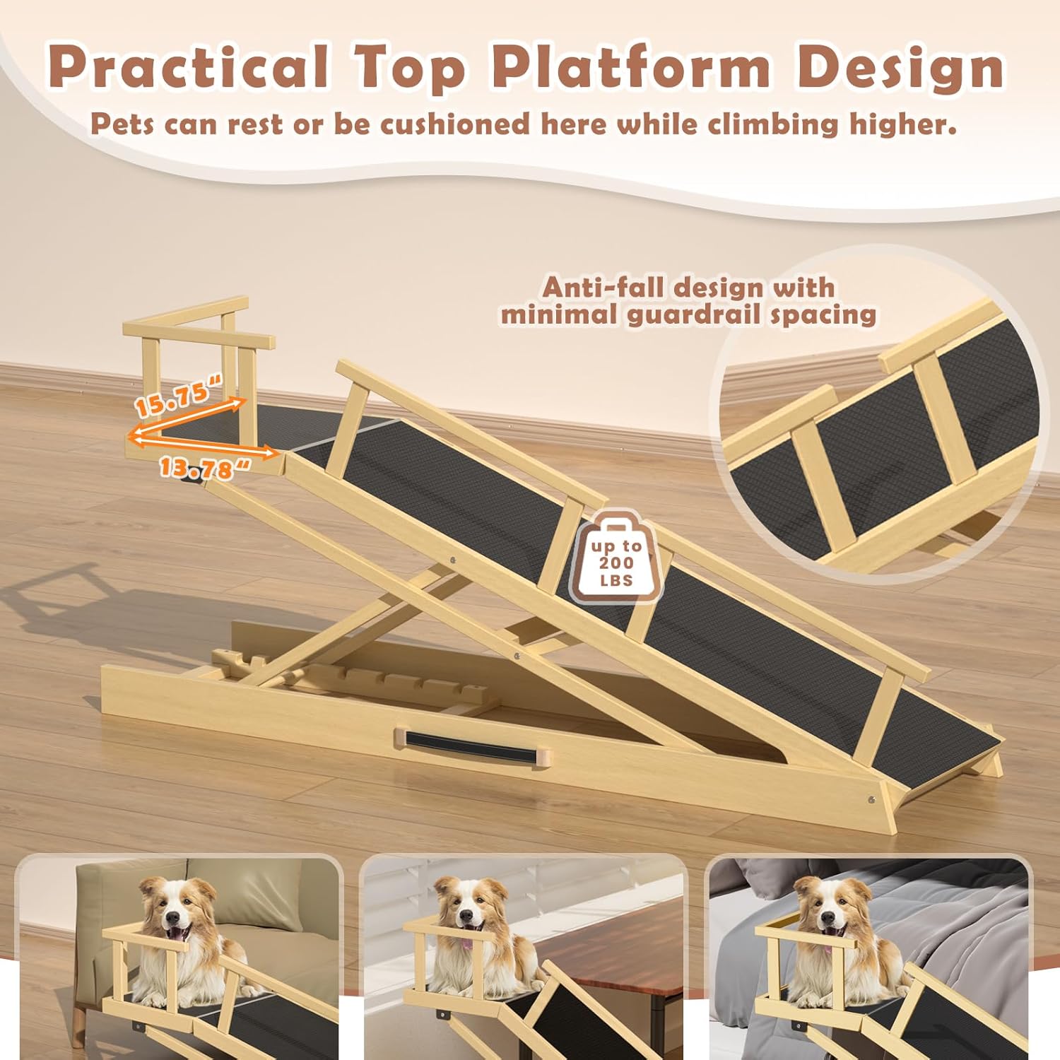 65" Foldable Dog Ramp for Bed, 6 Level（13"-32"）Birchwood Heavy Duty Adjustable Dog Ramp for Car Pet Ramp with EVA Non-Slip Surface, Rest Platform & Glow Strips for Large Dogs up to 200Lbs (Wood Color)