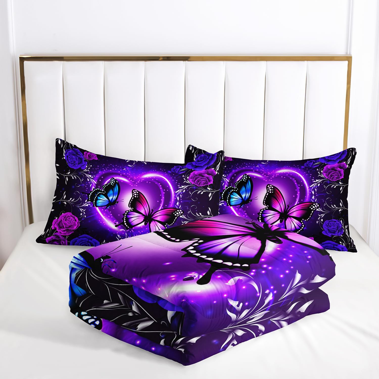 Butterfly Comforter Set for Queen, Dreamy Purple Butterfly Bedding Set with Black & Purple Comforter - Image 3
