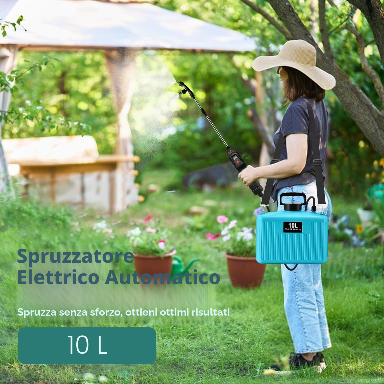 Spruzzatore a zaino alimentato a batteria da 10L, spruzzatore elettrico da giardino con manico ricaricabile USB 4000mAh con 4 ugelli