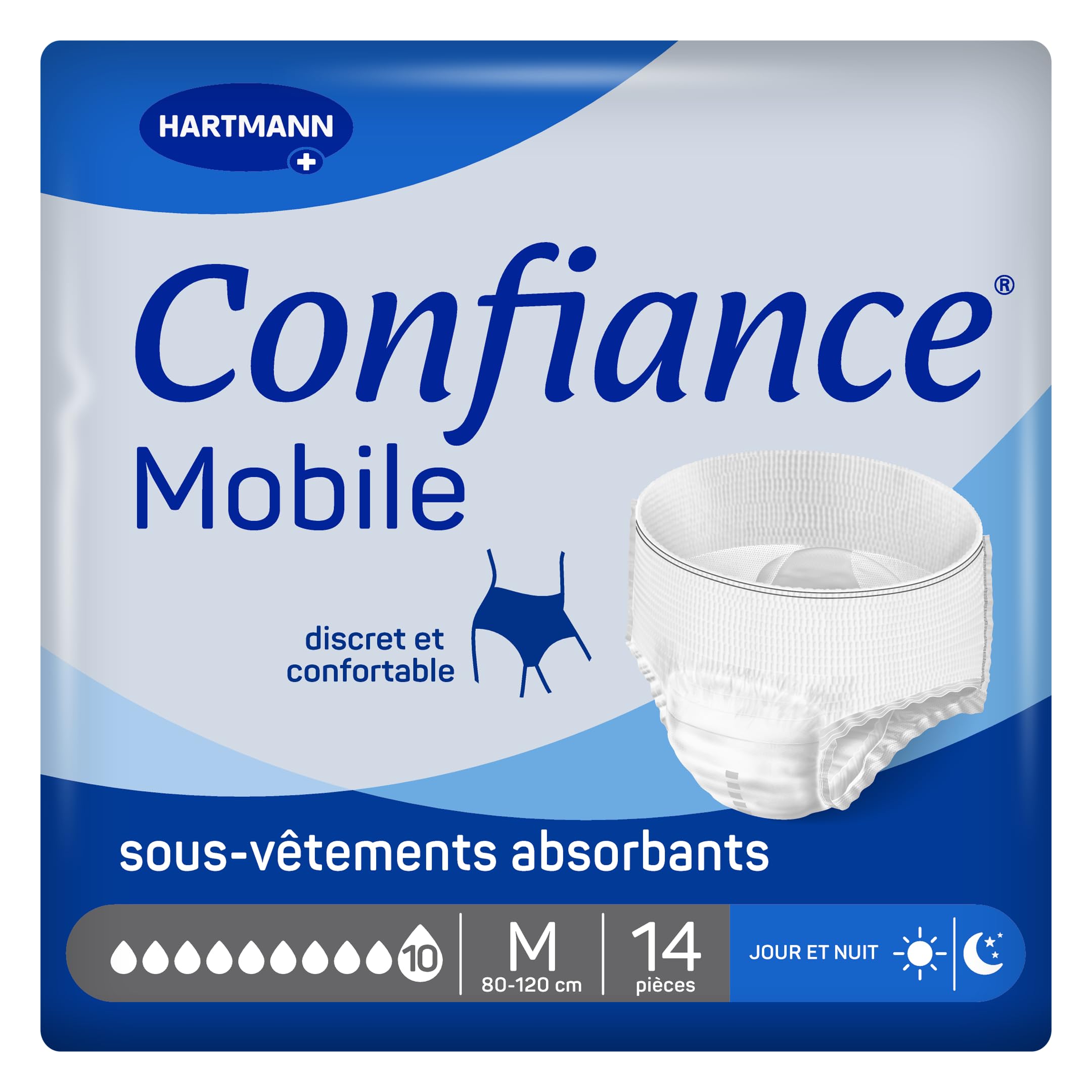 Confiance Mobile - Slips Absorbants pour Hommes et Femmes - Niveau d'Absorption = 10 gouttes (Fuites Urinaires Importantes) - Discrets et efficaces - pH Neutre à la Peau - Taille M - 14 Unités