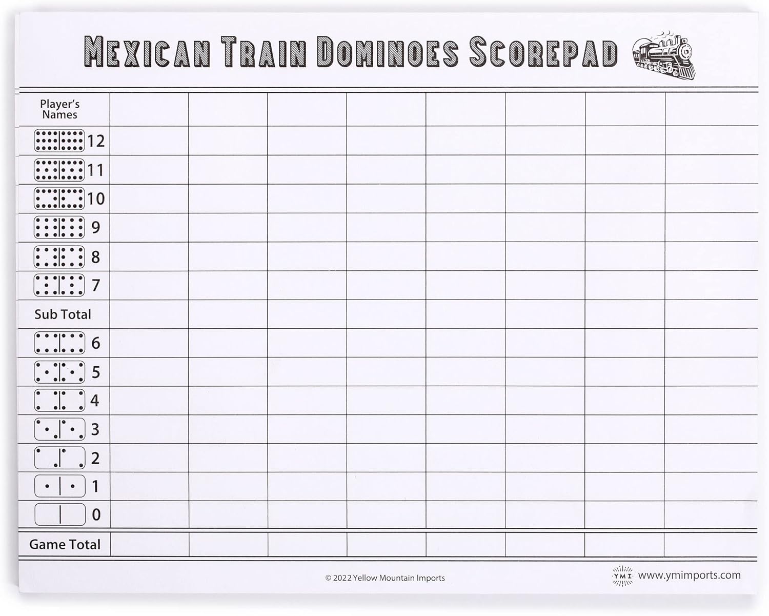 Yellow Mountain Imports Mexican Train Complete Set with Double 12 Dominoes (Pips/Dots), Wooden Hub, Die Cast Train Markers, and Scorepad