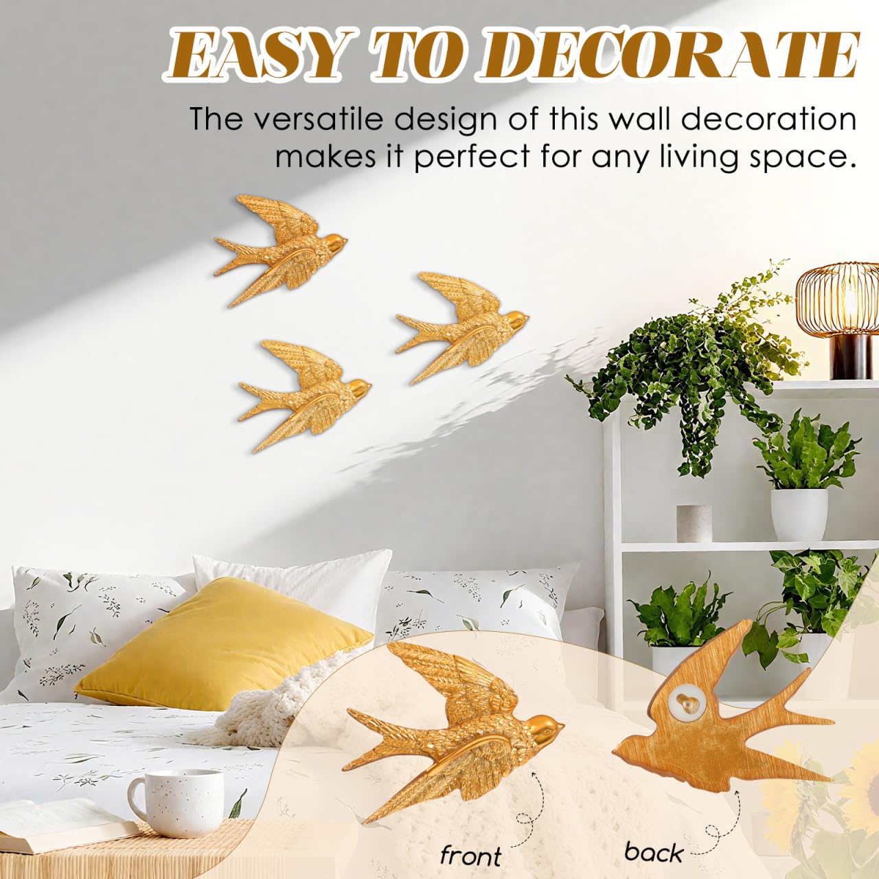 Alipis Lot de 3 sculptures murales d'hirondelle en résine dorée - Décoration murale 3D sculptée pour maison, chambre à coucher, jardin