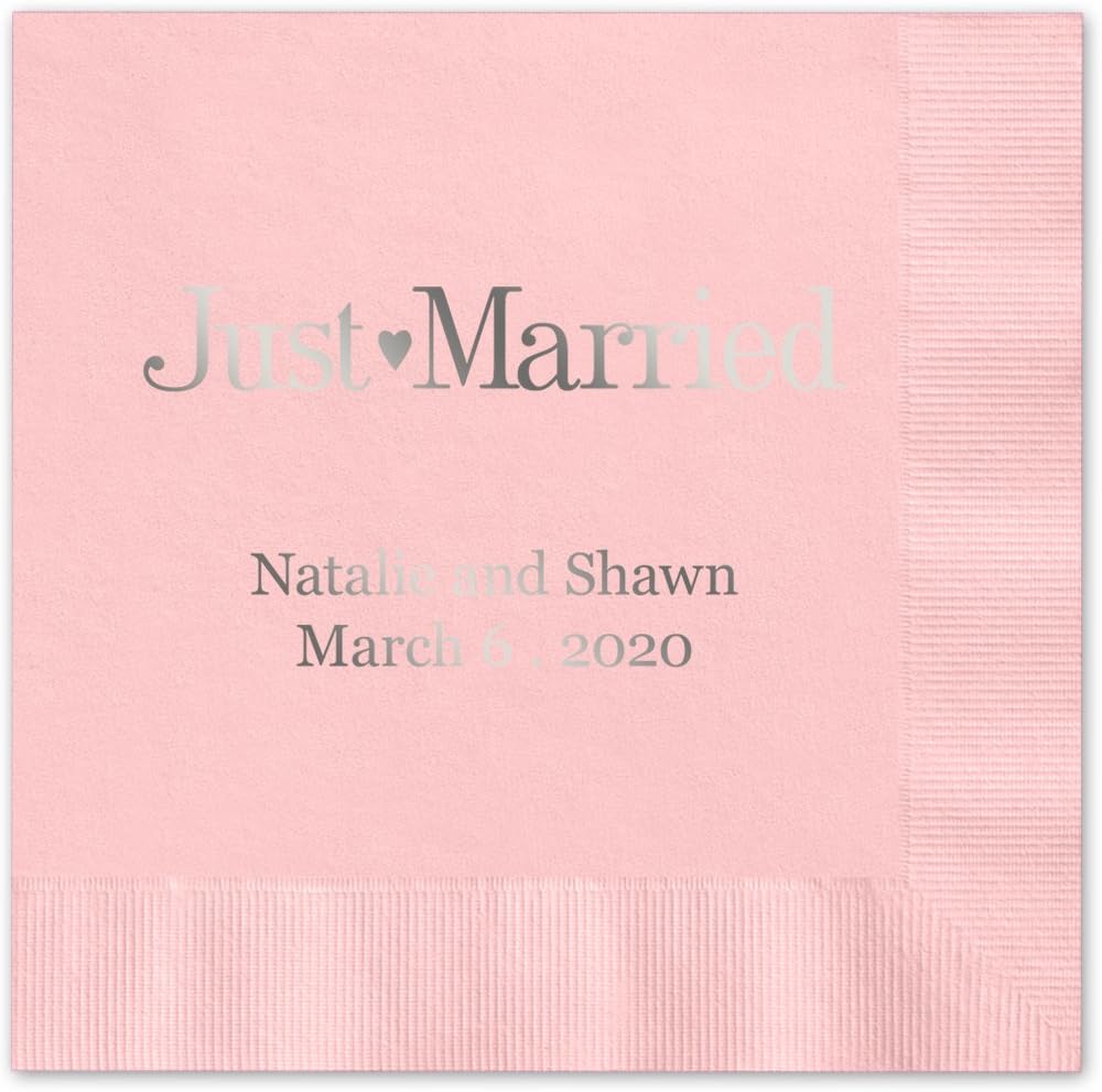 Just Married Personalized Luncheon Napkins / 100 Navy Blue Paper 6 1/2" x 6 1/2" Dinner Napkins With Choice Of Foil
