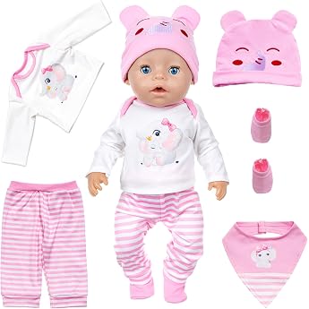 Doll Clothes Set for 14-18 Inch Baby Dolls Reborn Doll Clothes 30-43 cm Clothing Clothing Dolls Accessories with Cute Pink Elephant Top Trousers Hat Bib Socks Gift for Children Girls