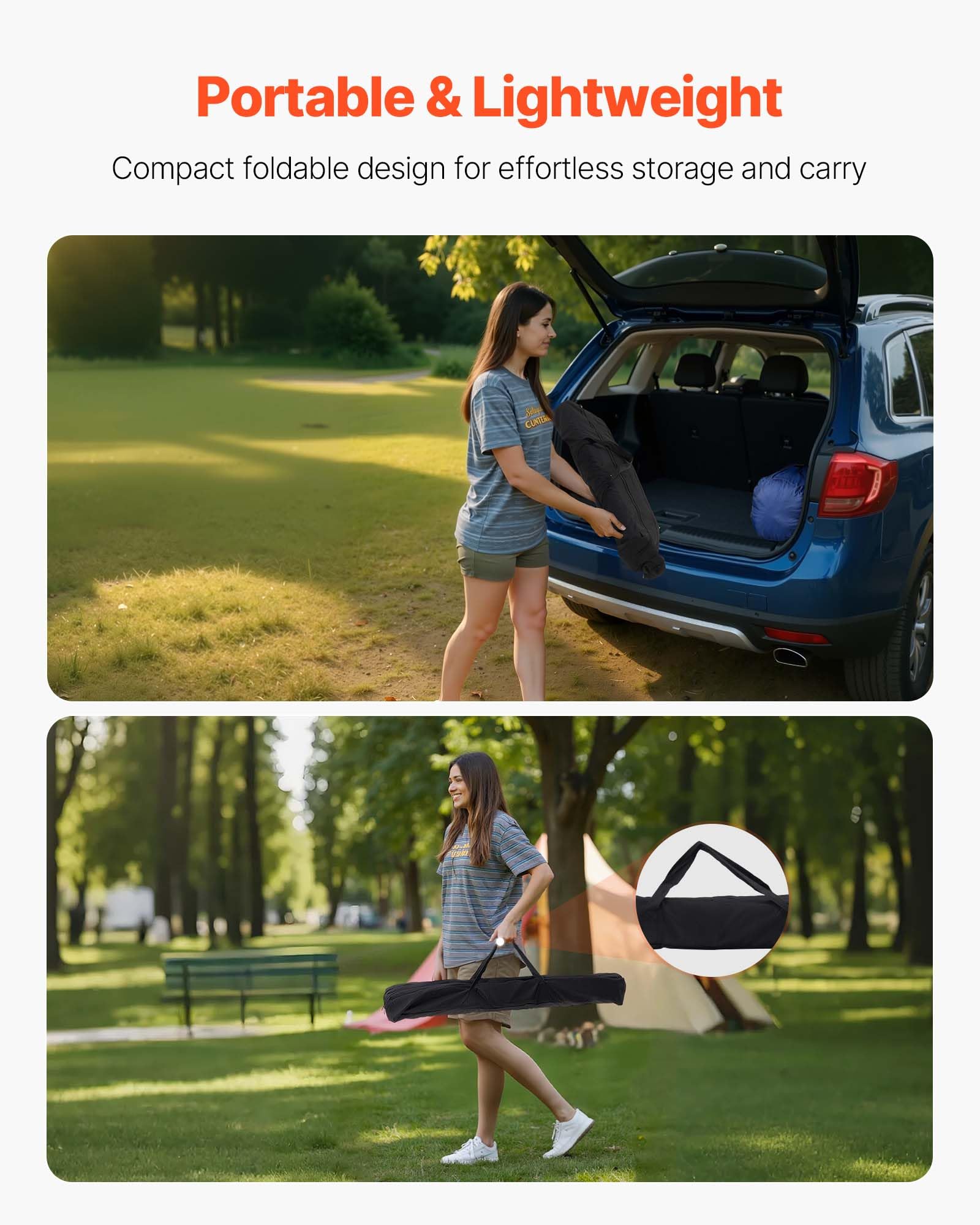 VEVOR Mesa de Camping Plegable Portátil Enrollable, Aluminio, con Altura Ajustable, Bolsa de Almacenamiento Grande y de Transporte, para Barbacoas, Picnics, Viajes, 1200 x 550 x 500 mm, Negro
