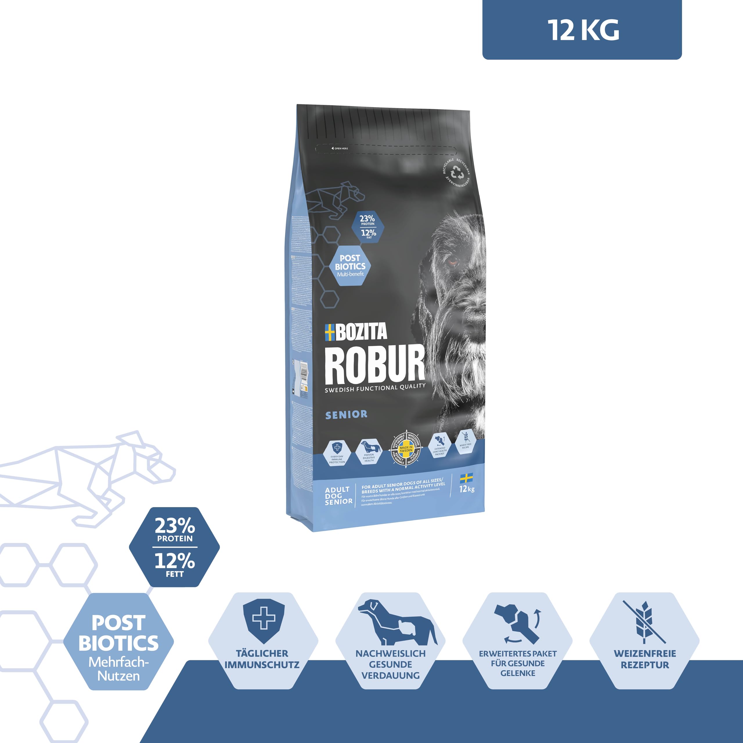 Bozita ROBUR Adult Senior Huhn 12kg - HUndefutter Trockenfutter mit hoher Akzeptanz, Postbiotika, ohne Weizen für deinen Vierbeiner mit viel Lebenserfahrung