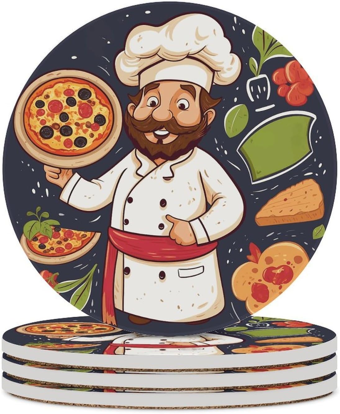 Chef Pizza Coaster with Cork Base Drink Coasters for Coffee Table Decor Modern Cup Coasters with Non-Slip & Heat-Resistant Cute Ceramic Table Coaster for Home Dining