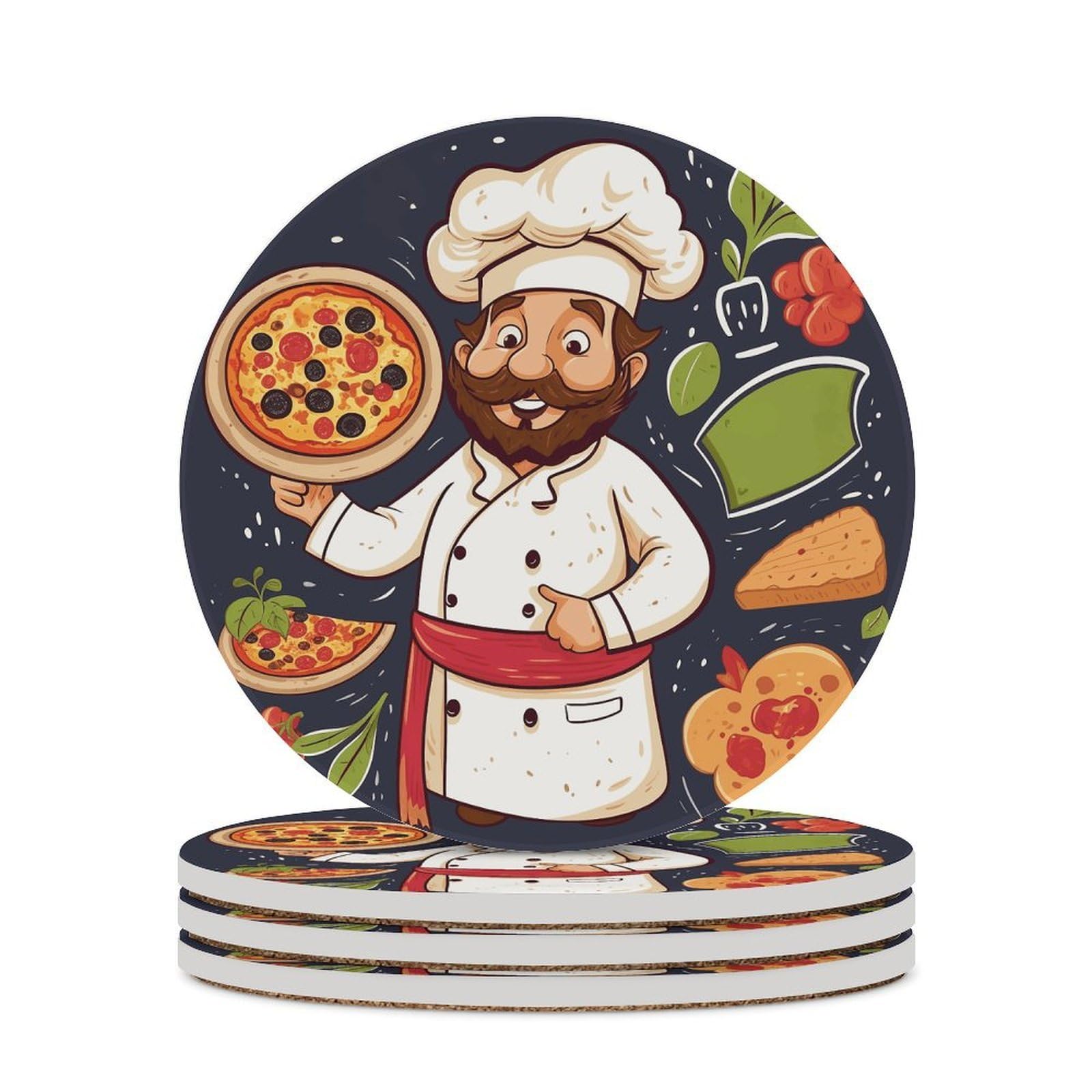 Chef Pizza Coaster with Cork Base Drink Coasters for Coffee Table Decor Modern Cup Coasters with Non-Slip & Heat-Resistant Cute Ceramic Table Coaster for Home Dining