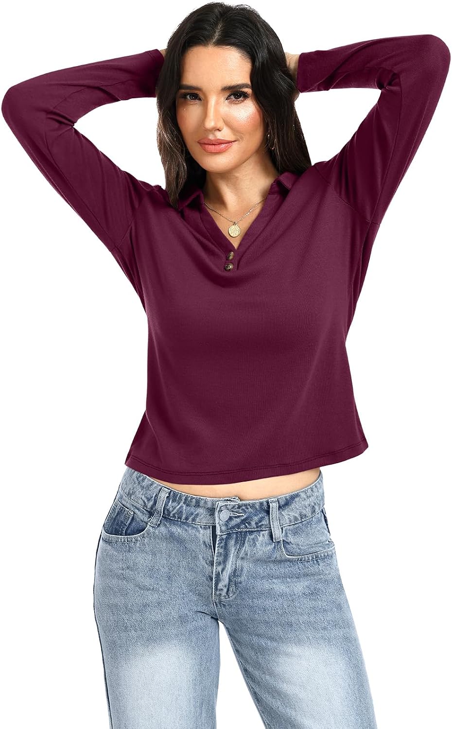 Women's Polo Shirts Long Sleeve Crop Tops Collared V Neck T Shirts