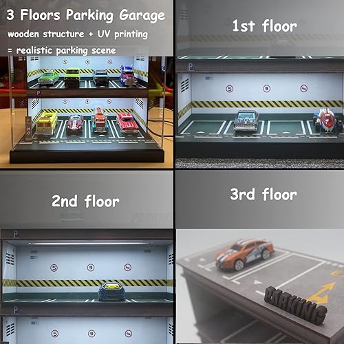 Miniatura 2 de Hot Wheels - Exhibidor de autos a escala 164 con luz LED y cubierta acrílica, ruedas calientes de madera para estacionamiento en 3 pisos con 10