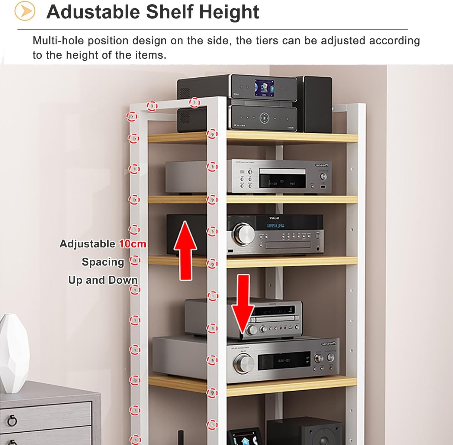 6 Tier Audio Rack Tower, Corner TV Console and AV Media Components Cabinet, Heavy Duty Stereo Racks and Stands with Adjustable Wooden Shelf for Home/Office/Theater(B)