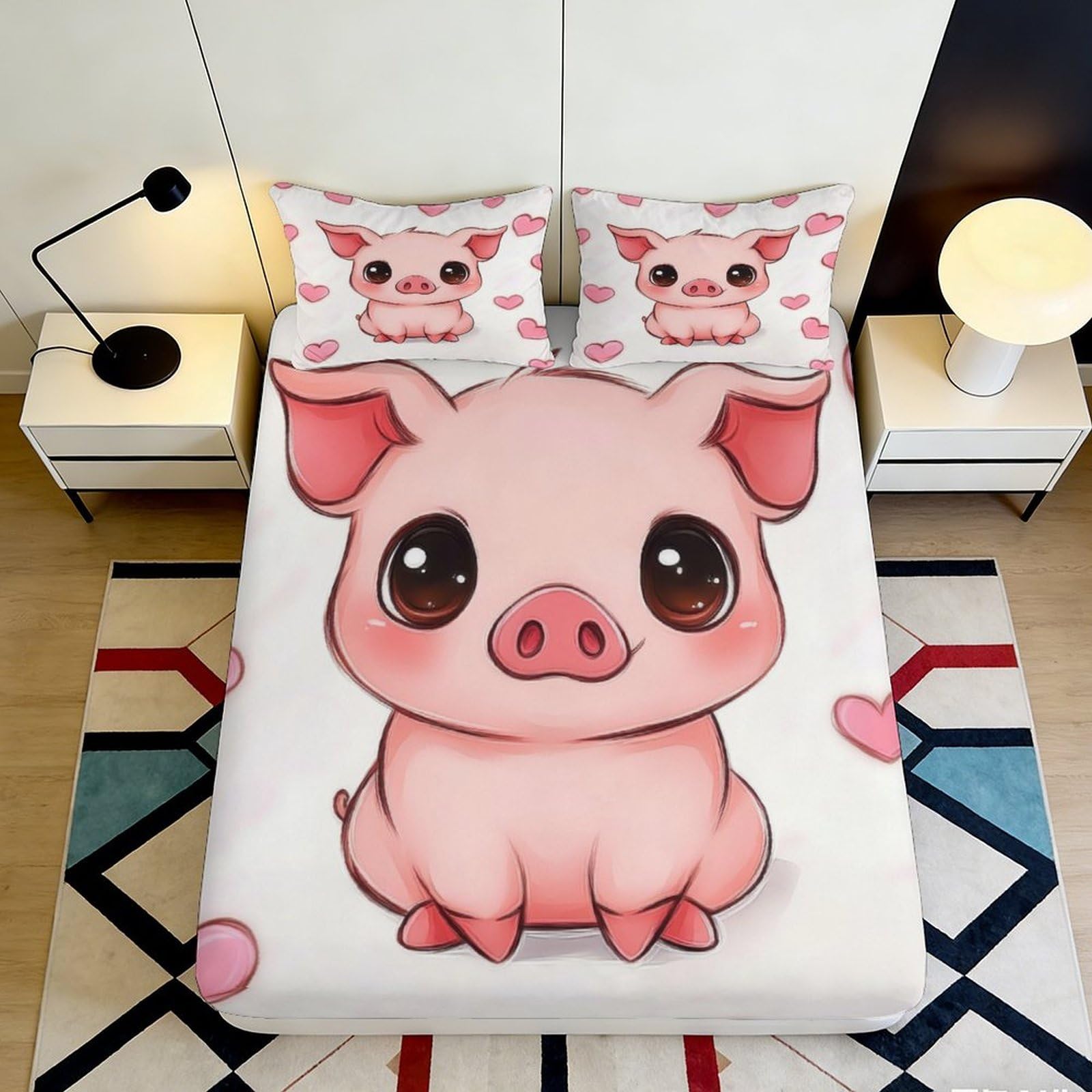 3D Printed Cute Pig Fitted Sheet Microfiber Soft Anti-Slip Cartoon Piggy Bed Cover for Bedroom Dorm Mattress Protection Decor 90x200x25cm